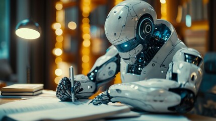 Intelligent robot authoring a book in a library setting, concept of futuristic AI with literary creation, AI and education.