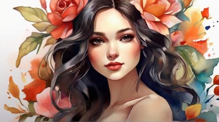 illustration of a woman with flowers as decoration, charming and beautiful. face close up, colorful.
