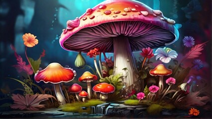 beautiful mushroom plants, using flower art and graffiti colors, bright colors