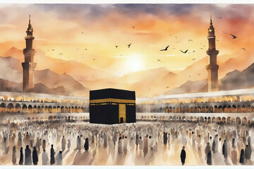 watercolor landscape view of holy kaaba with sunrise