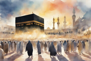 watercolor landscape view of holy kaaba with sunrise