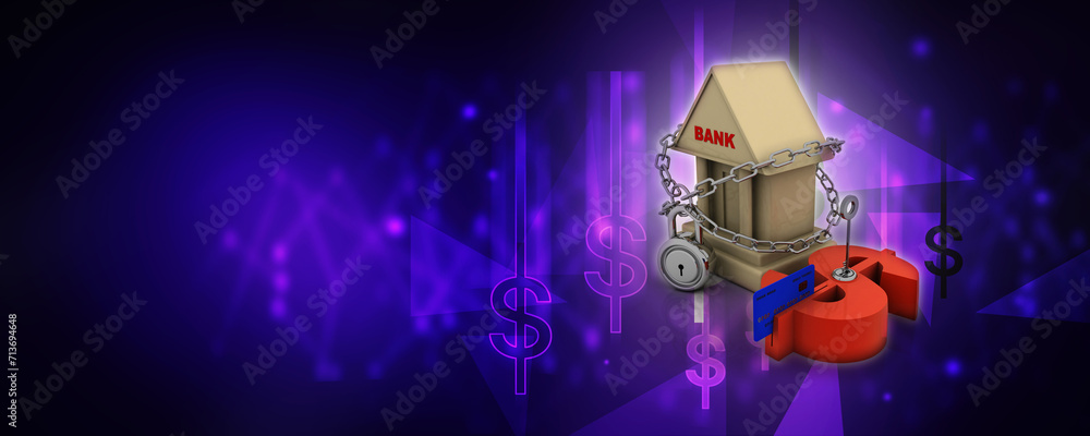 Poster 3d rendering build bank with dollar and debit card protection lock