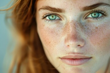 Close-up portrait of a freckled young woman, natural look