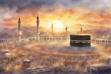 watercolor landscape view of holy kaaba with sunrise - obrazy, fototapety, plakaty