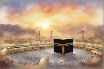 watercolor landscape view of holy kaaba with sunrise