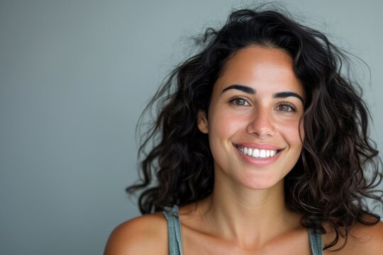 Close-up of successful Latin woman, radiant smile, grey background