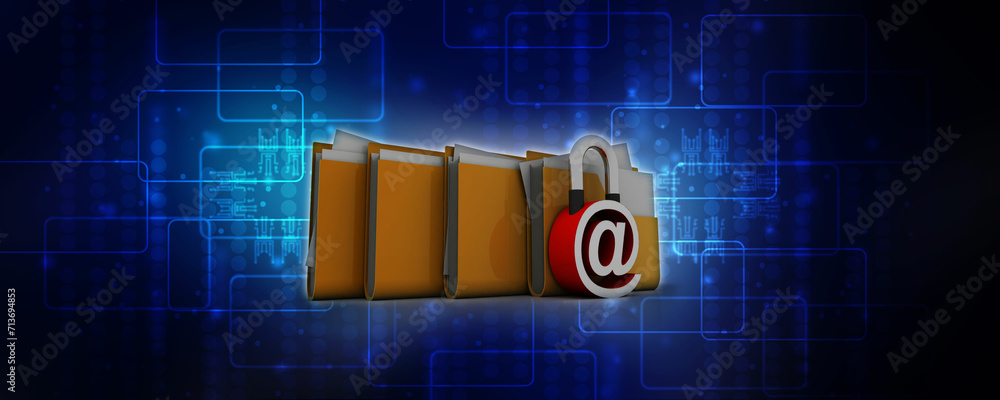 Poster 3d rendering e-mail symbol lock with folder. internet security concept