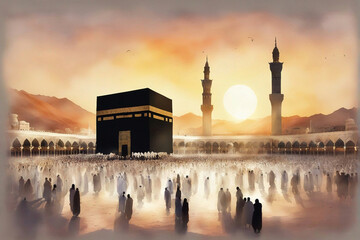 watercolor landscape view of holy kaaba with sunrise