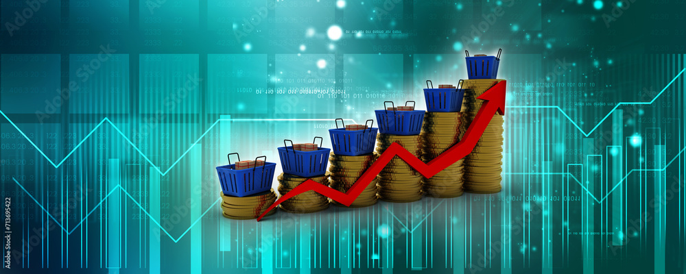 Poster 3d rendering cardboard boxes on basket with graph gold coin