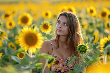 Female model in a summer dress posing in a field of sunflowers
