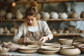 Female model with a natural look, engaging in pottery making in an artisan studio
