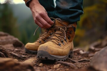Hands of a male model tying a rugged hiking boot before an adventure