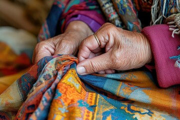Hands of a woman expertly tying a colorful scarf, showcasing the fabric's texture and her dexterity
