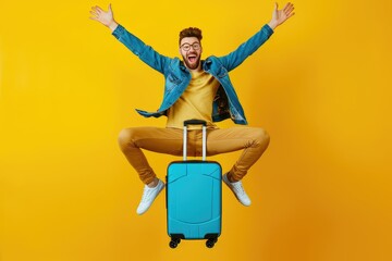 Joyful man with blue suitcase, playful jump, yellow background