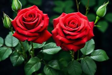 two red roses together on a green background