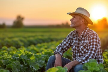 Male farmer in a field inspecting crops at sunrise