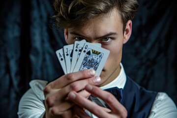 Male model in a close-up, perfecting a complex magic trick with cards - obrazy, fototapety, plakaty