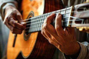 Male model tuning a classical guitar, focus on his hands and the instrument's details