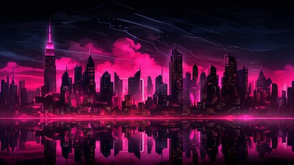 Pink neon outline big city doodle beautiful image Ai generated art