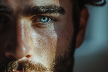 Male model's close-up, capturing a moment of contemplation with a distant gaze