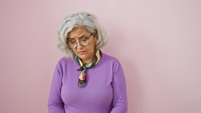 Distraught middle age woman, grey-haired, wearing glasses, crying and stressed over sadness, angry expression painted on her face, isolated against pink background