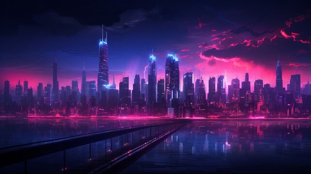 Pink neon outline big city doodle beautiful image Ai generated art