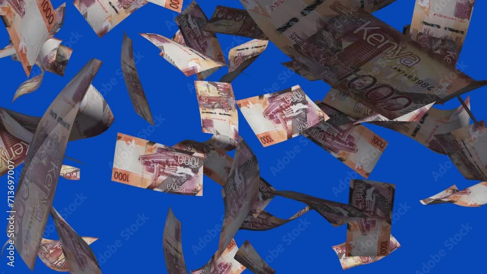 Poster 3d animation of kenyan shilling notes falling on blue screen. you can remove the background by keyin
