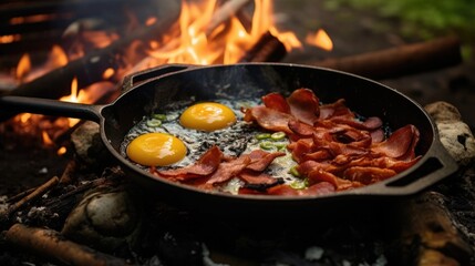 Camping breakfast with bacon and eggs in a cast iron skillet. Fried eggs with bacon in a pan in the forest. Food at the camp. Scrambled eggs with bacon on fire. Picnic, Generative Ai - obrazy, fototapety, plakaty