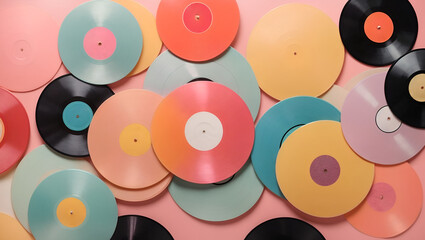 Pastel vintage and retro background made of vinyl LP records and player. Minimal abstract music and lifestyle concept. Party or collection idea. Copy space.