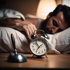 Hombre durmiendo junto a un reloj despertador  - obrazy, fototapety, plakaty