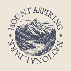 Mount Aspiring, New Zealand Illustration Clip Art Design Shape. National Park Vintage Icon Vector Stamp.