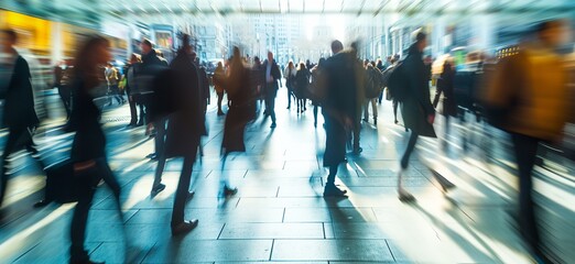 a blurry photo of people walking down a street - obrazy, fototapety, plakaty