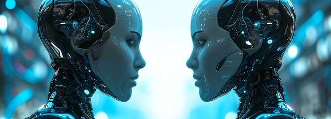 a couple of robots standing next to each other - obrazy, fototapety, plakaty