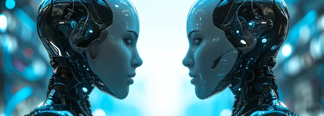 Fotobehang a couple of robots standing next to each other © progressman