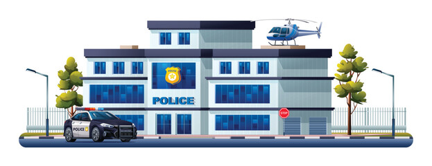 Police station building with patrol car and helicopter. Police department office vector illustration © YG Studio