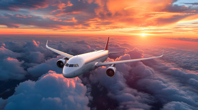 Panorama view of commercial airplane flying above dramatic clouds during sunset.generative ai