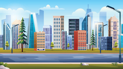 Empty highway with park and high modern buildings. Urban city landscape background vector illustration