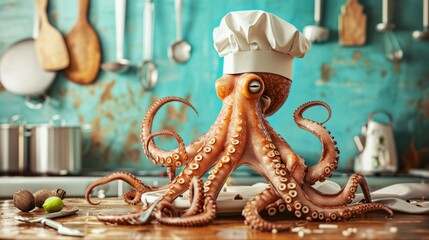 An octopus chef in the kitchen