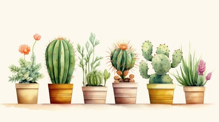 A watercolor style, minimal cartoon illustration of different cactuses, green, craft paper. - obrazy, fototapety, plakaty