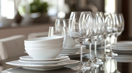 Neat collection of white dinnerware and clear glassware on open shelves - obrazy, fototapety, plakaty