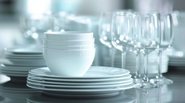 Neat collection of white dinnerware and clear glassware on open shelves