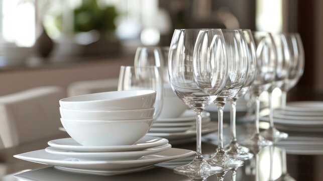 Neat collection of white dinnerware and clear glassware on open shelves