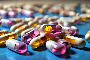 Health in a capsule. A vivid portrayal of antibiotic pills addressing drug resistance. Global healthcare concept emphasizing responsible drug use and pharmaceutical solutions.