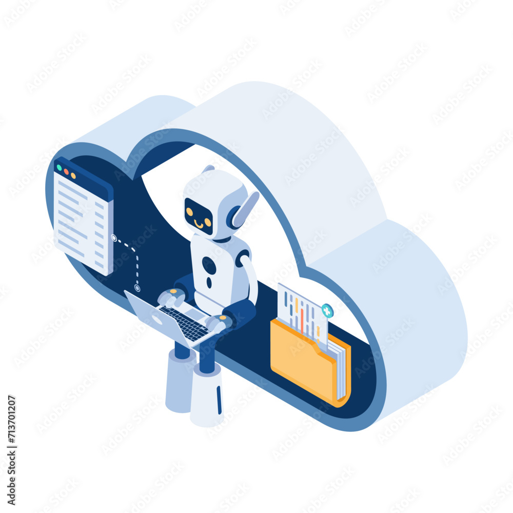 Poster isometric ai robot working on cloud