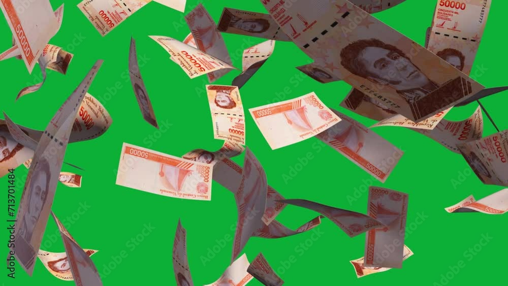Poster 3D animation of Venezuelan bolivar notes Falling On Green screen. You can remove the background by keying or subtracting with the black and white matte to replace with a custom one
