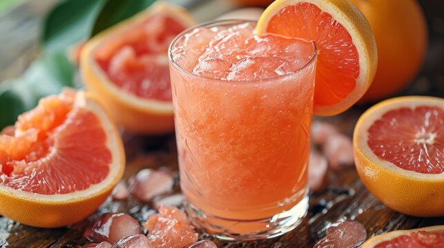 Refreshing grapefruit juice with ice in a glass among fresh citrus fruits.