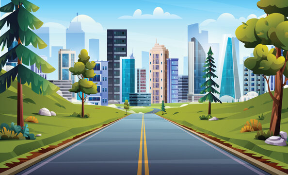 Road to city landscape illustration. Nature highway through meadow and trees to city cartoon vector background