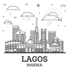 Outline Lagos Nigeria City Skyline with Modern Buildings Isolated on White. Lagos Cityscape with Landmarks.