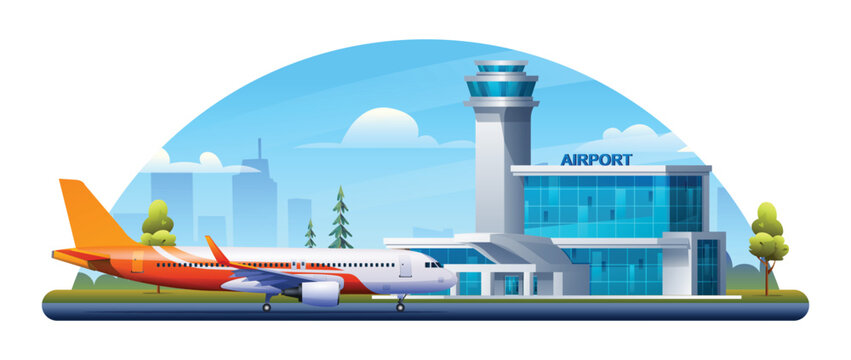 International airport building with airplane, terminal, gate and runway on cityscape. Vector cartoon illustration