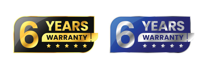 6 Years warranty label, badge, icon, logo. Parallelogram rhombus shape with gold and silver color. Vector Illustration